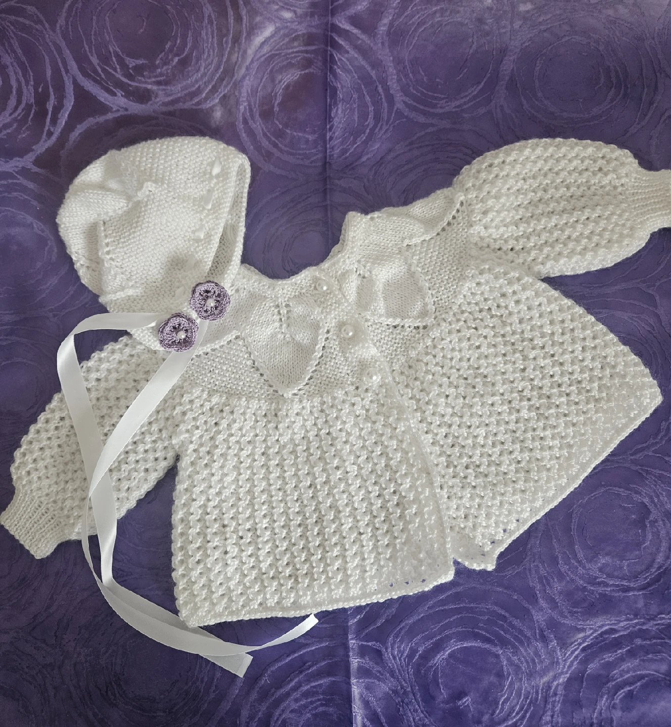 Hand-Knitted White Baby Sweater & Hat Set