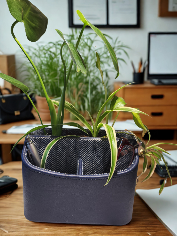 Blue Desk Organizer planter with monstera and spider plants