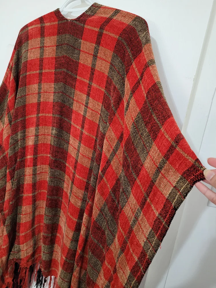 Red Plaid Poncho with Fringe image indicator(3)