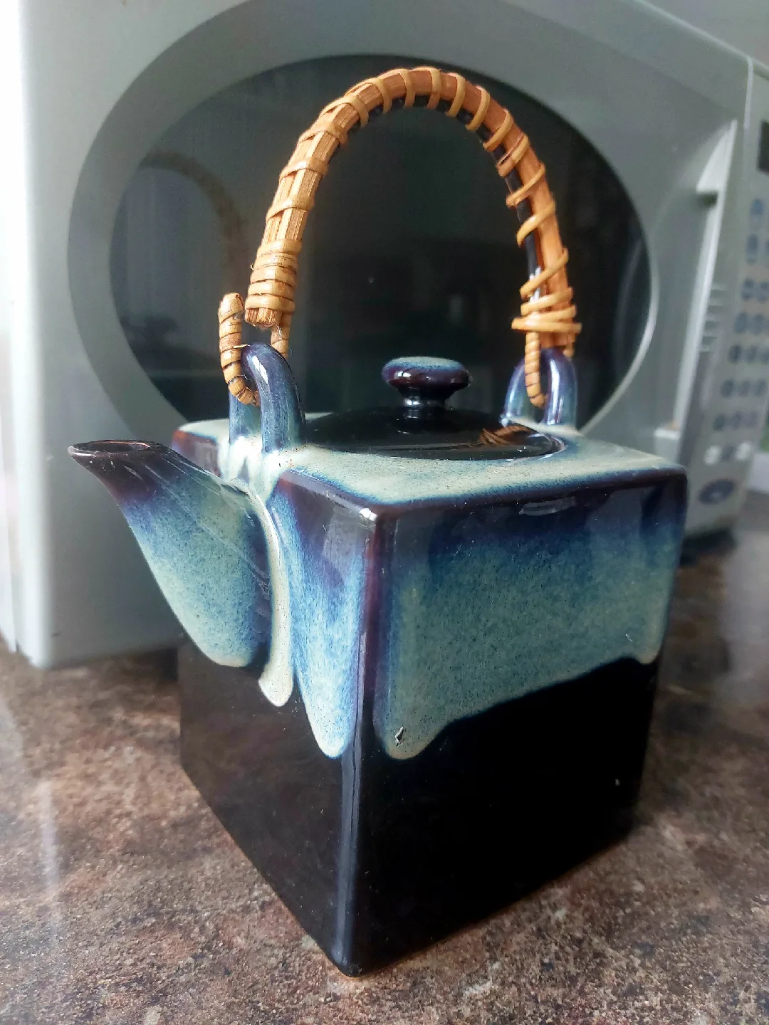 Ceramic Blue Teapot with Wicker Handle🥕 thumbnail