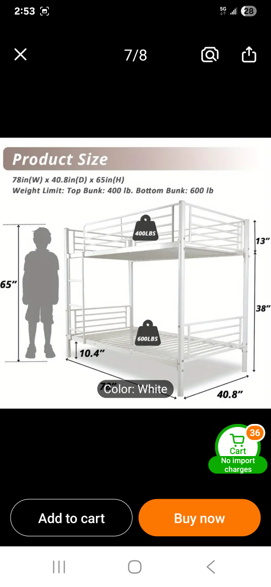 White Metal Bunk Bed (78x40.8x65in) - photo 2