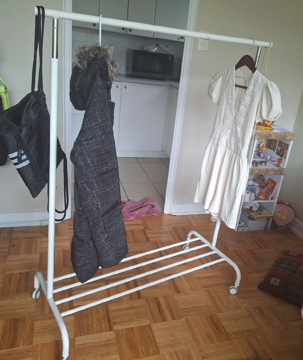 White Metal Clothes Rack on Wheels thumbnail