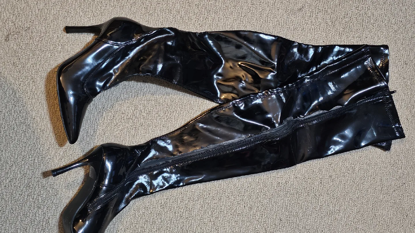 Black Patent Leather Thigh High Heel Boots thumbnail