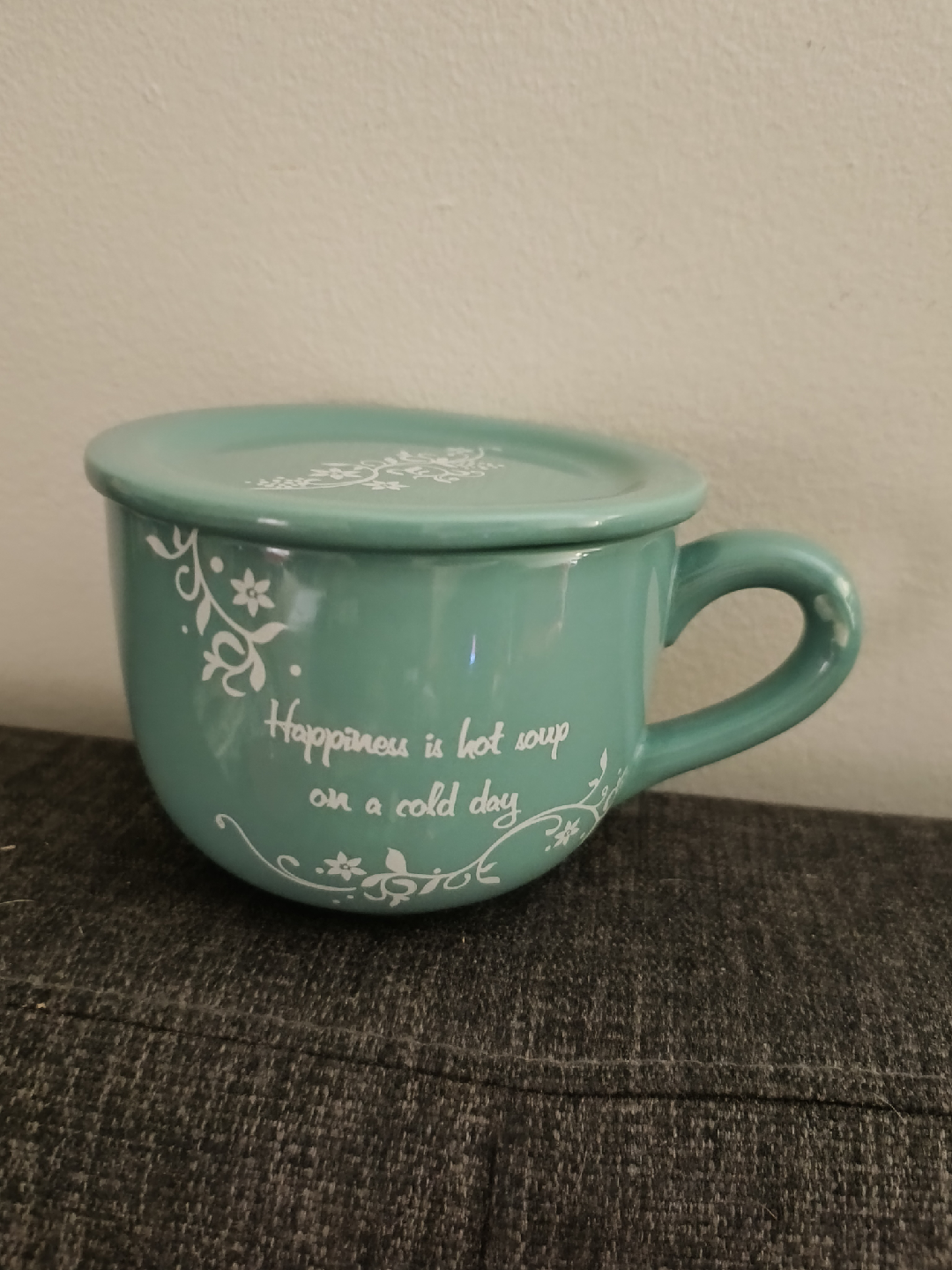 Teal Soup Mug with Lid - 'Happiness is hot soup'