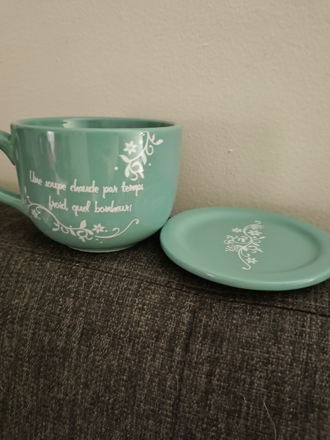 Teal Soup Mug with Lid - 'Happiness is hot soup' - photo 2