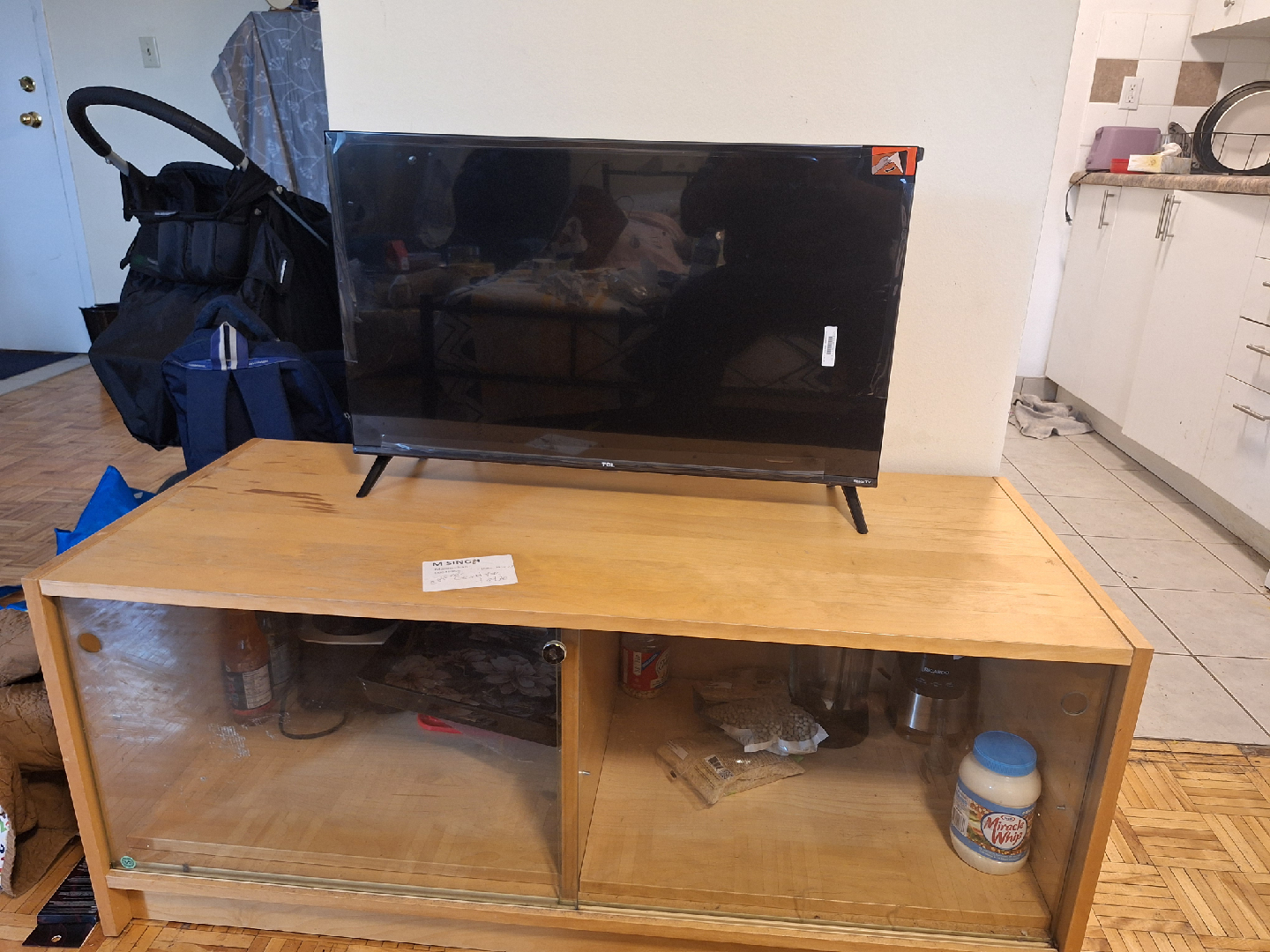 Light Wood TV Stand with Sliding Glass Doors