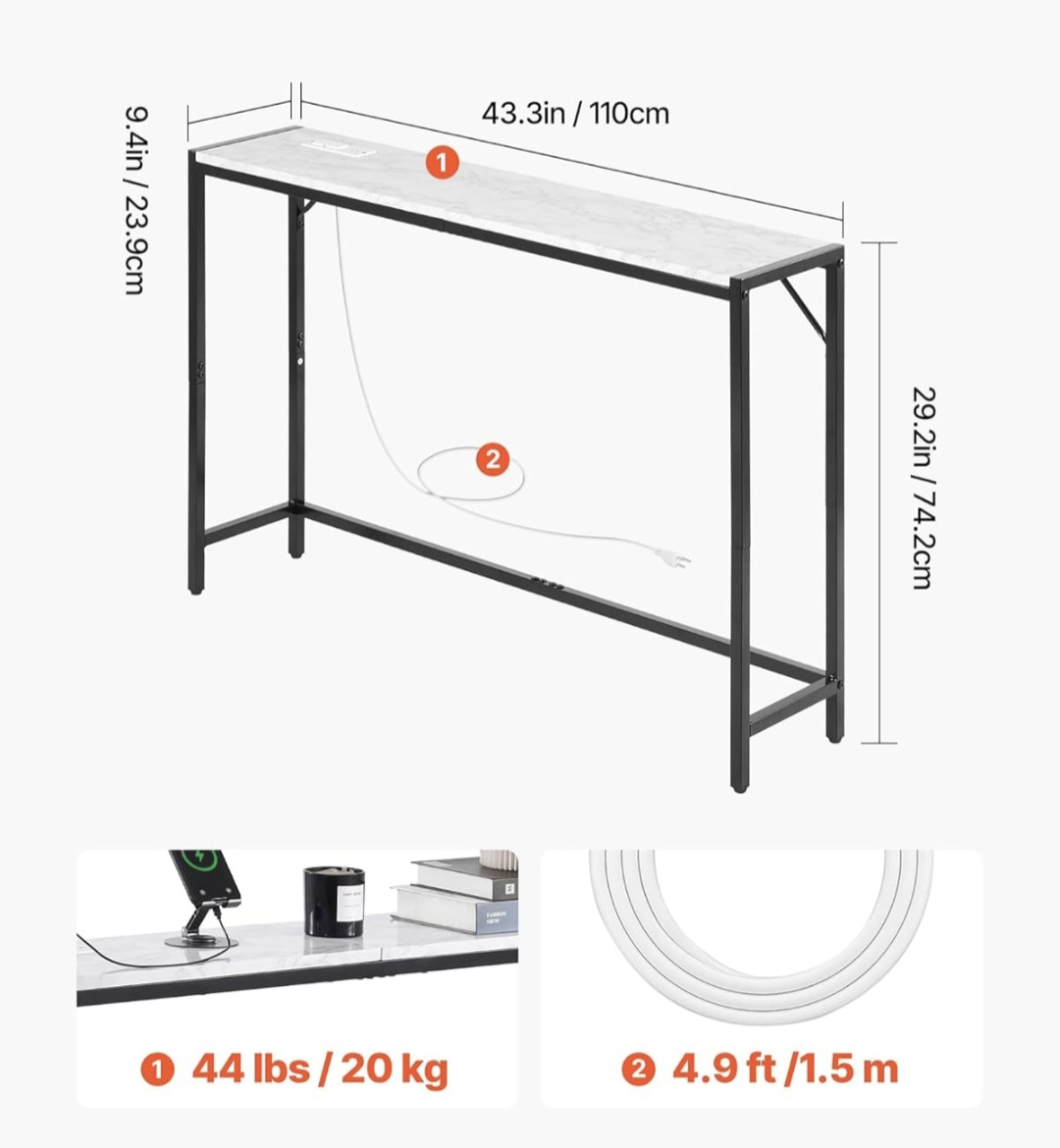Console Table with Charging Station, Modern Narrow Long - photo 3