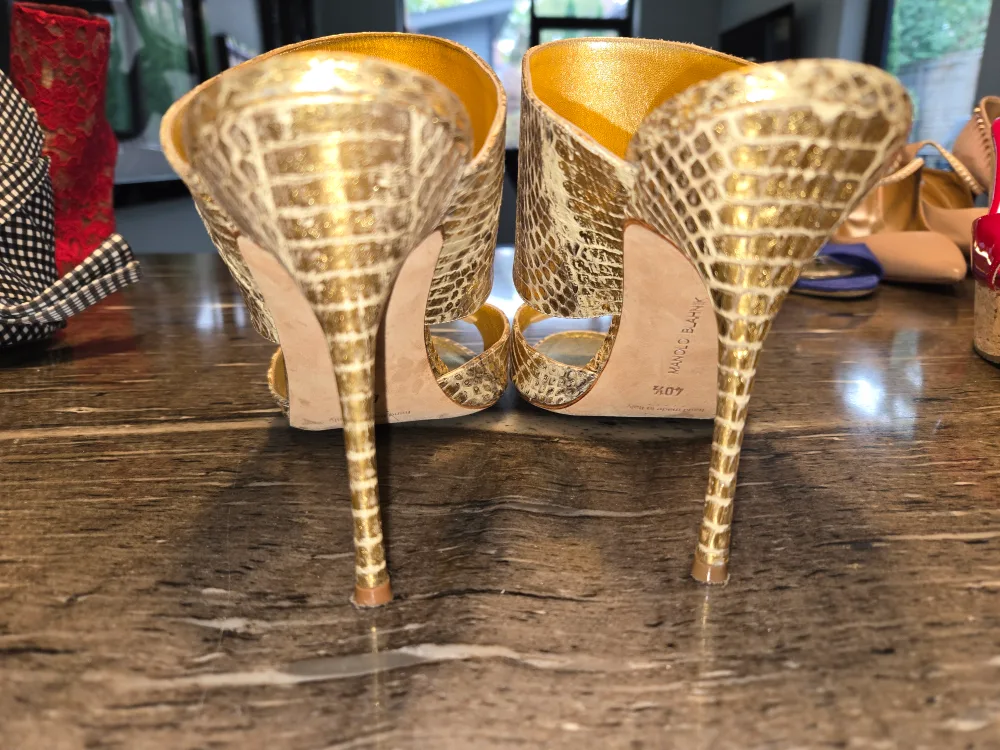 Manolo Blahnik Gold Snakeskin Heels, Size 40.5 image indicator(4)