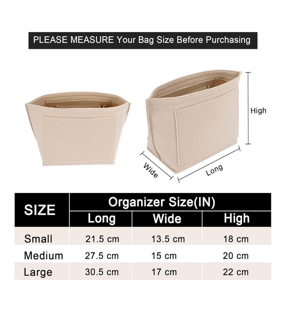 Beige Felt Purse/Tote Organizer - Size medium