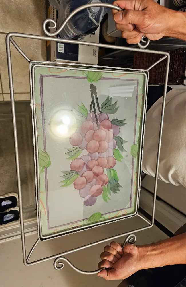 Vintage Metal Framed Glass Tray with Grape Design thumbnail