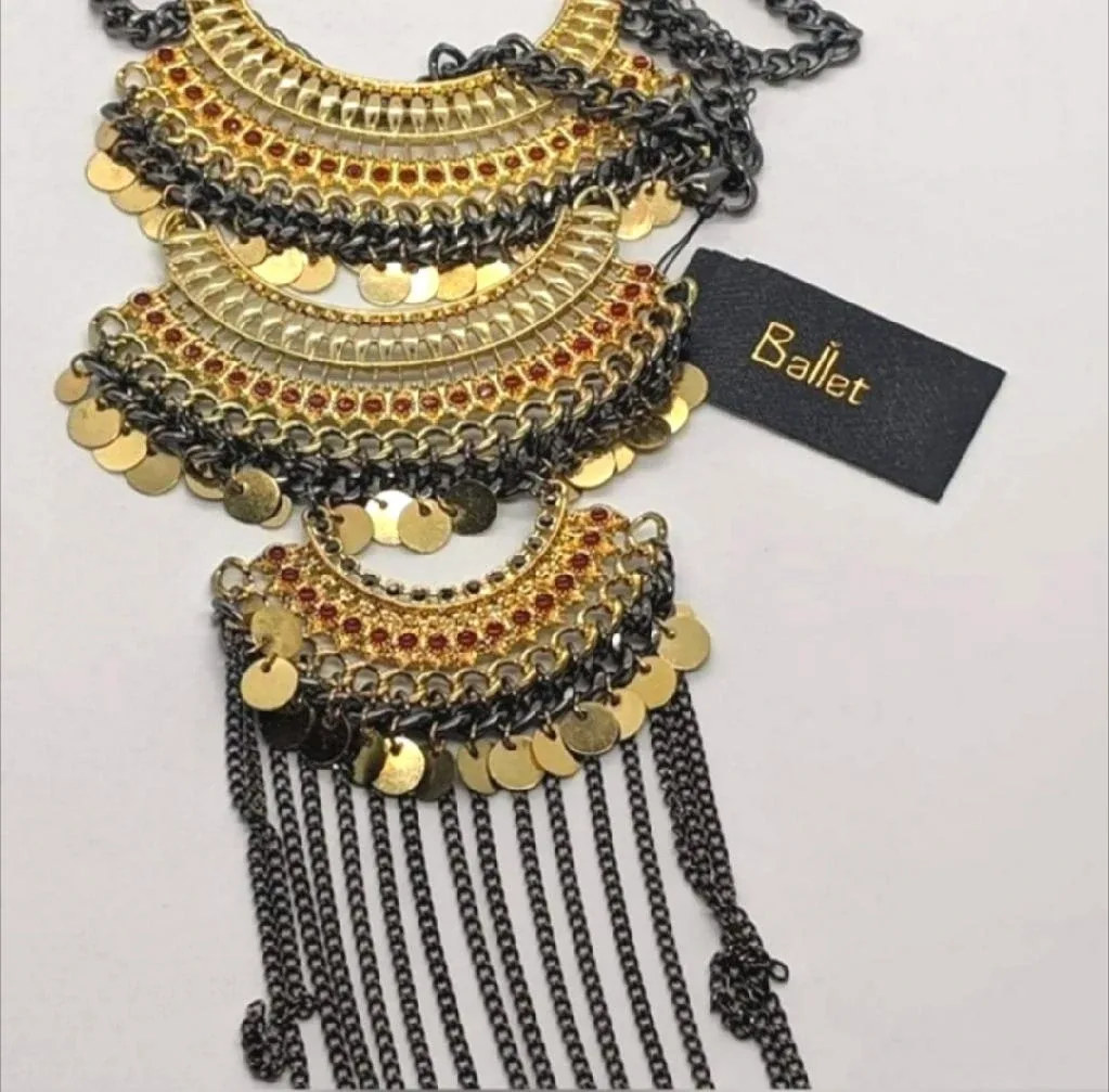 NEW✨ Gold Orange Red Gunmetal Fringe Necklace And Earring Set thumbnail