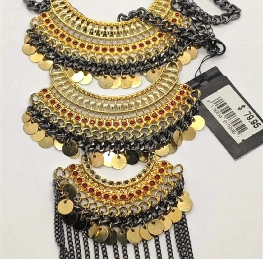 NEW✨ Gold Orange Red Gunmetal Fringe Necklace And Earring Set image indicator(3)