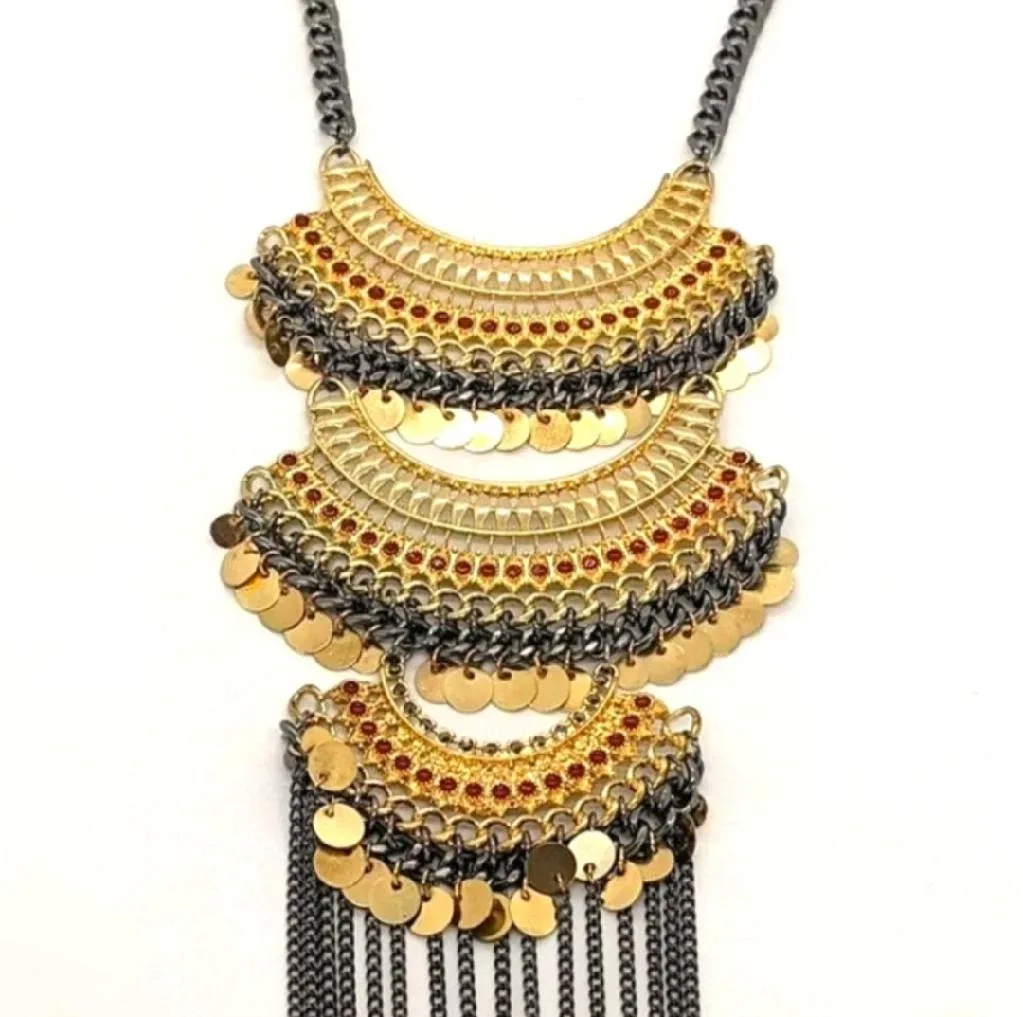 NEW✨ Gold Orange Red Gunmetal Fringe Necklace And Earring Set image indicator(5)