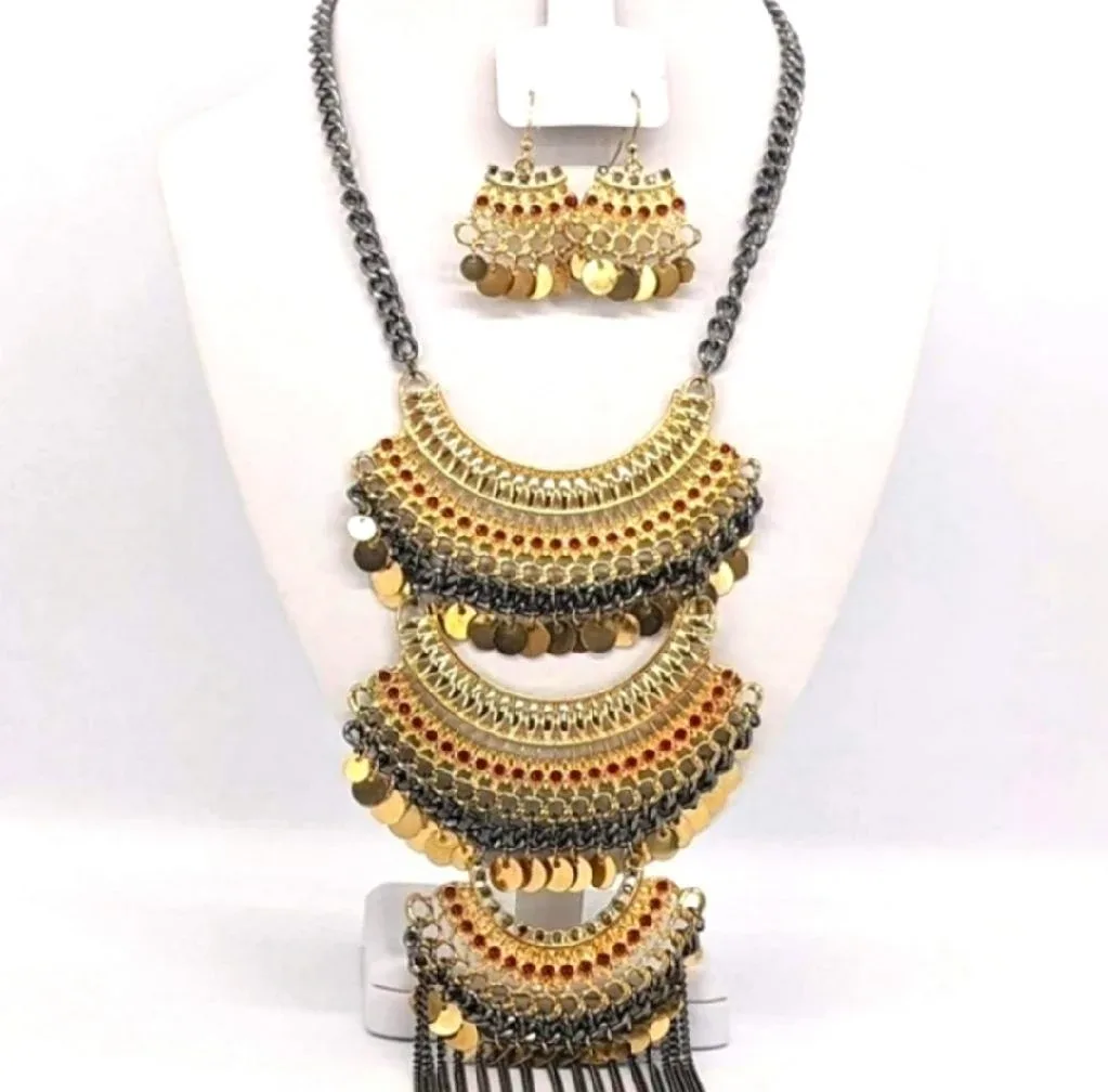 NEW✨ Gold Orange Red Gunmetal Fringe Necklace And Earring Set image indicator(7)