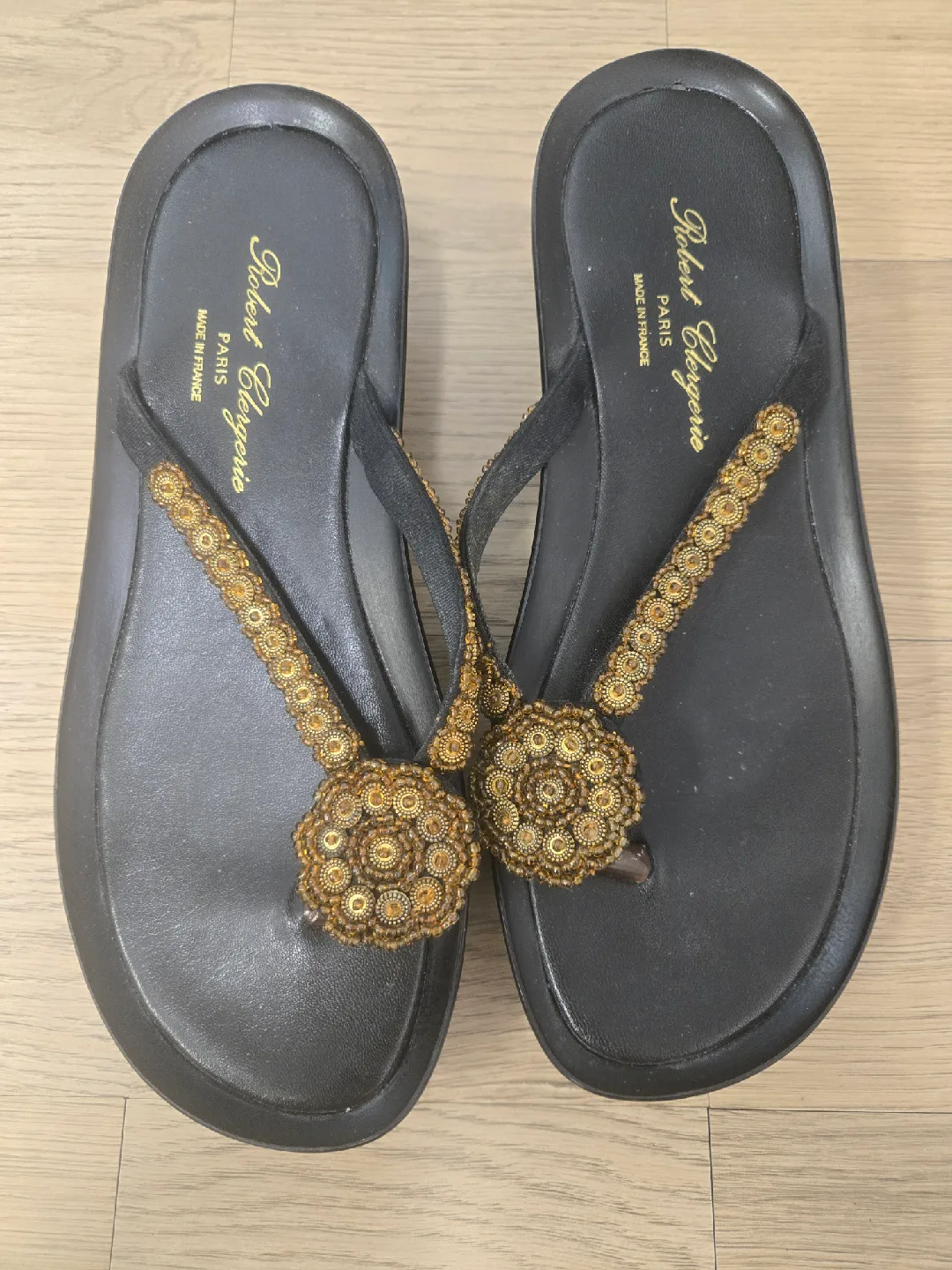 Robert Clergerie Paris Black & Gold Sandals - Size 9