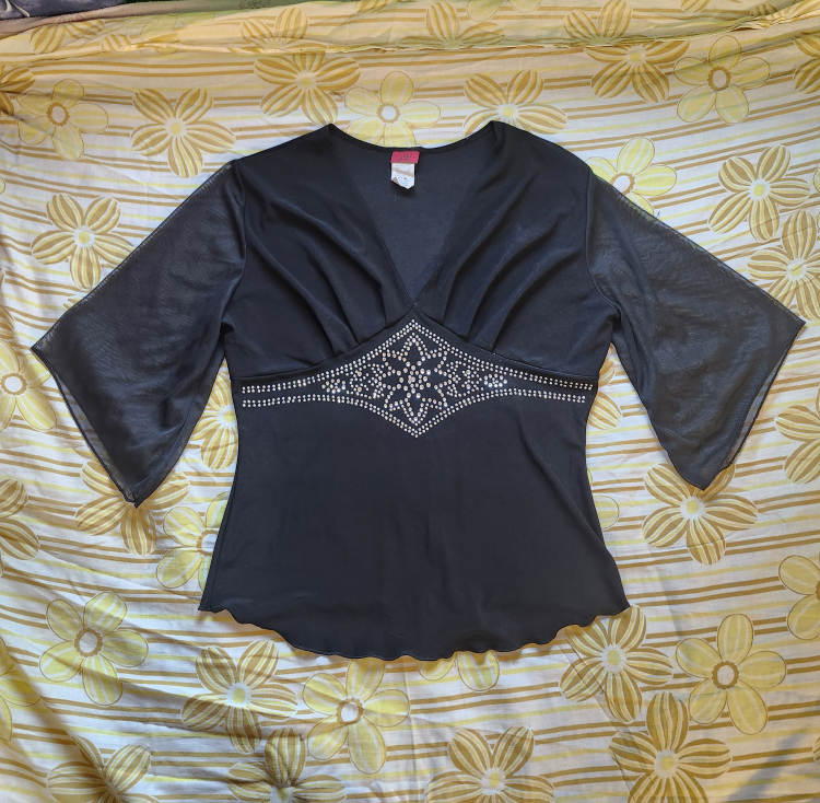 Black babydoll mesh top with rhinestone detailing