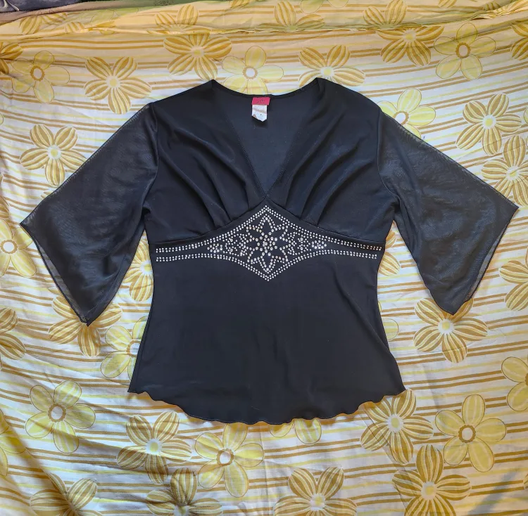 Black babydoll mesh top with rhinestone detailing thumbnail