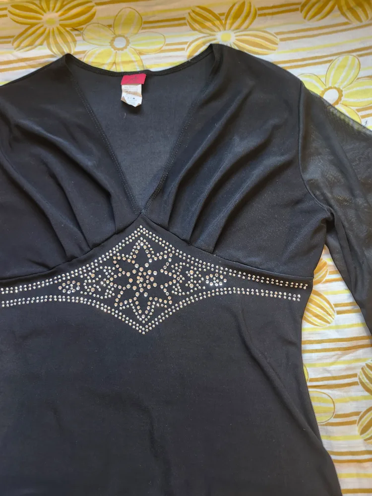 Black babydoll mesh top with rhinestone detailing image indicator(3)