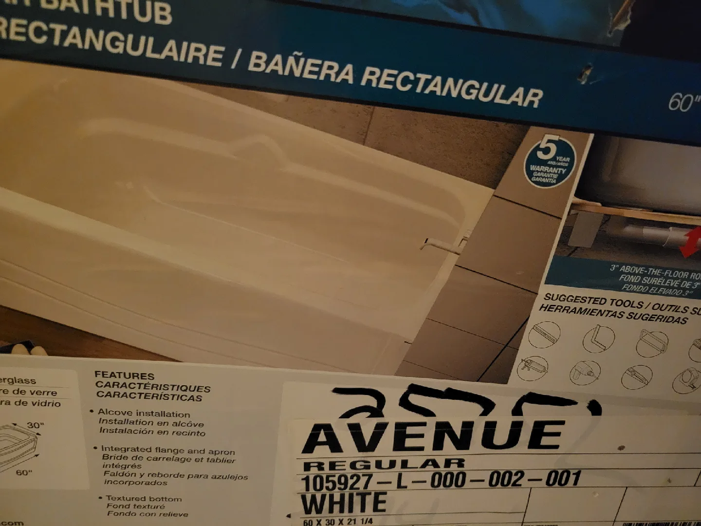 Avenue Rectangular White Bathtub 60" x 30" x 21" image indicator(3)
