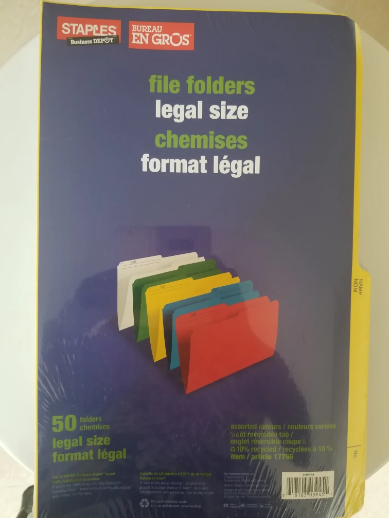 Staples Legal Size File Folders - 50 Pack