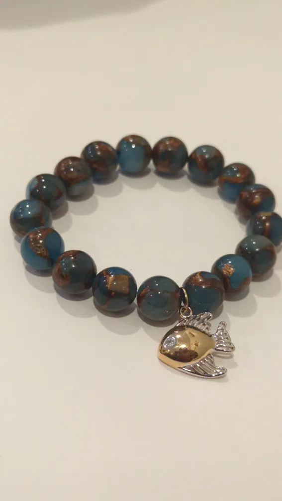 Blue Mosaic Quartz Beaded Bracelet with Gold Fish Charm OBO image indicator(2)