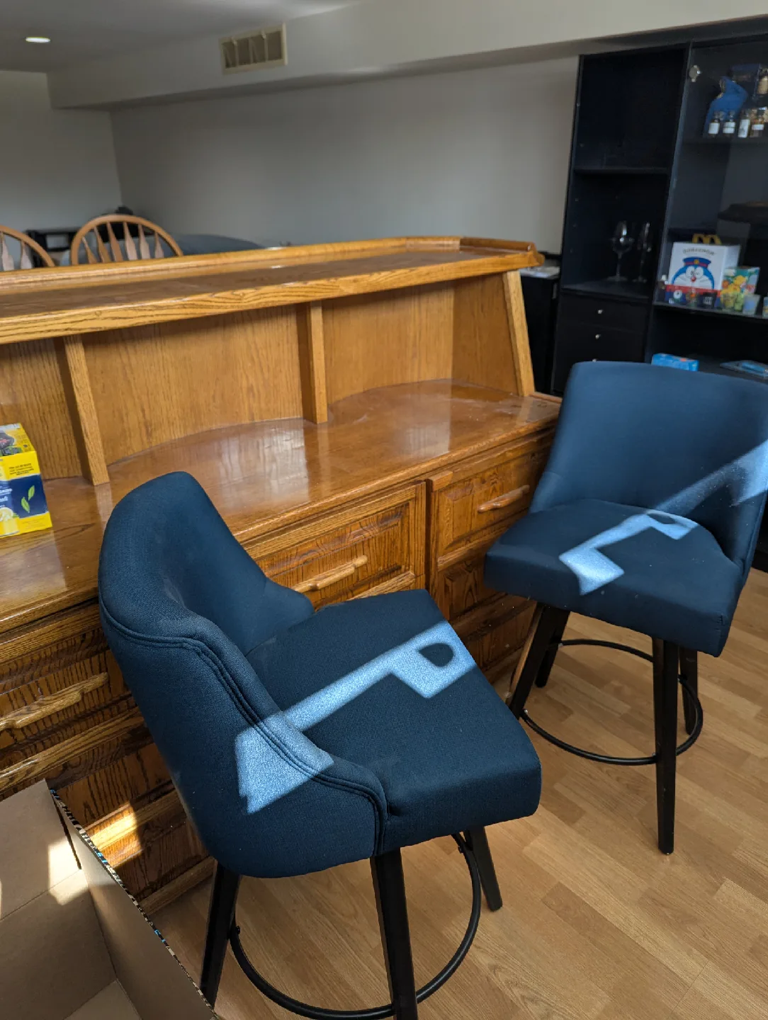 Pair of blue upholstered  bar height stools thumbnail