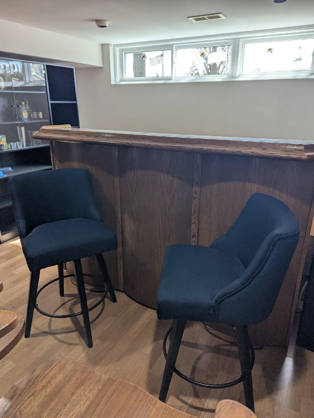 Pair of blue upholstered  bar height stools image indicator(2)