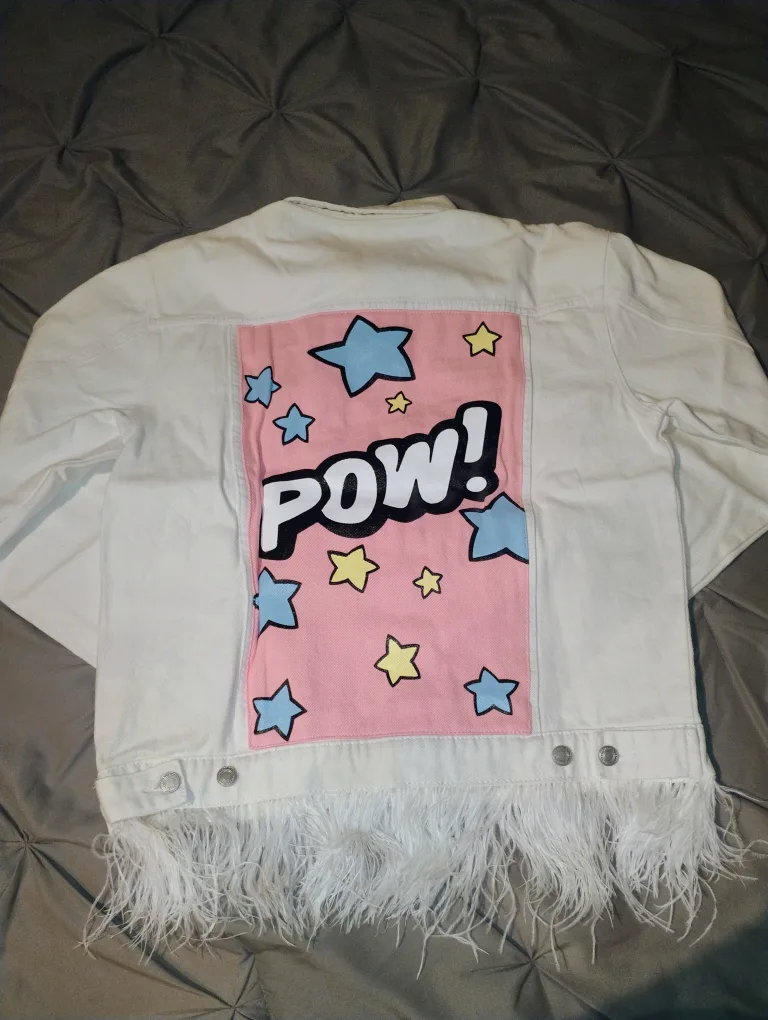 White Denim Jacket with Feather Trim thumbnail