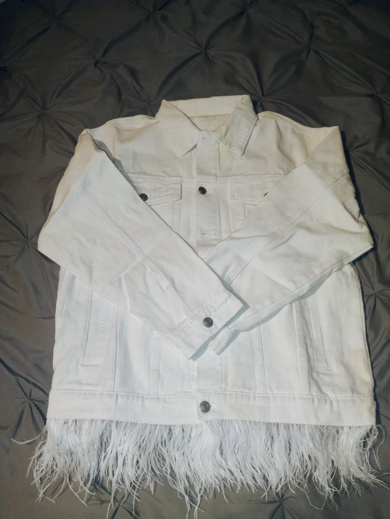 White Denim Jacket with Feather Trim image indicator(2)