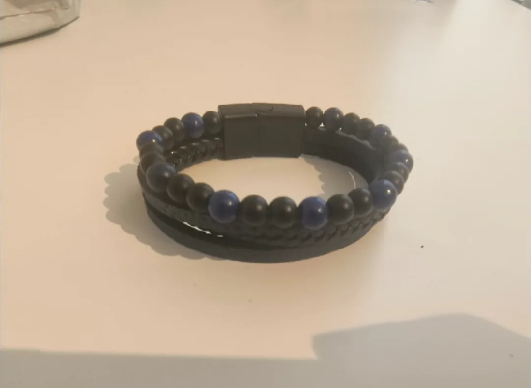Men's Beaded & Braided Leather Bracelet - Black & Blue thumbnail