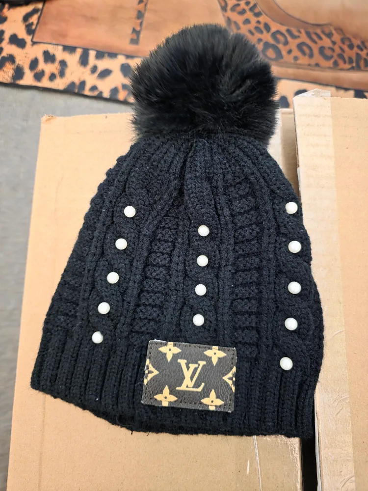 Louis Vuitton Inspired Black Beanie with Pearls thumbnail