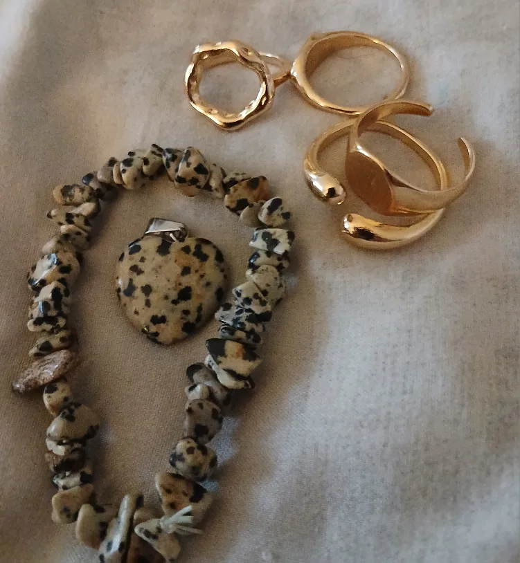 Gold Rings & Dalmatian Stone Bracelet Set thumbnail