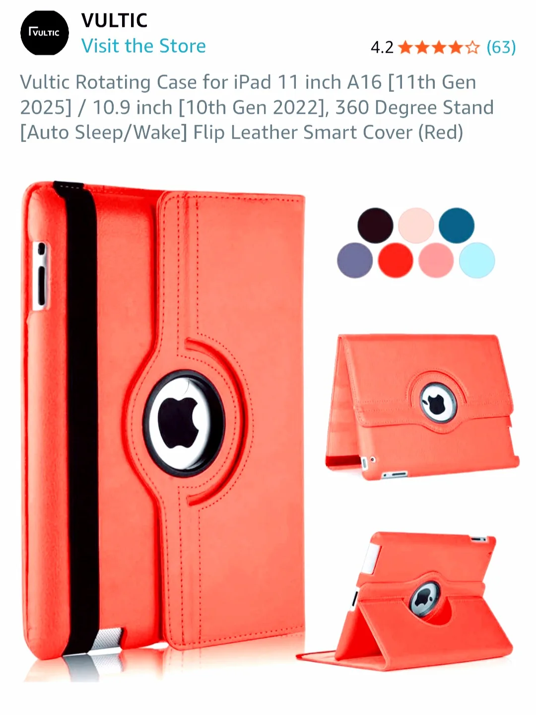 Vultic iPad 11" Rotating Case - Red