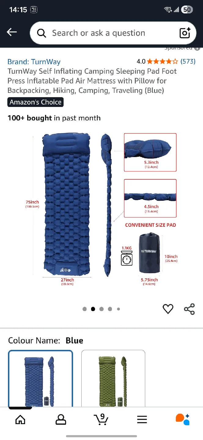 Self Inflating Camping Sleeping Pad - Blue (read description) thumbnail