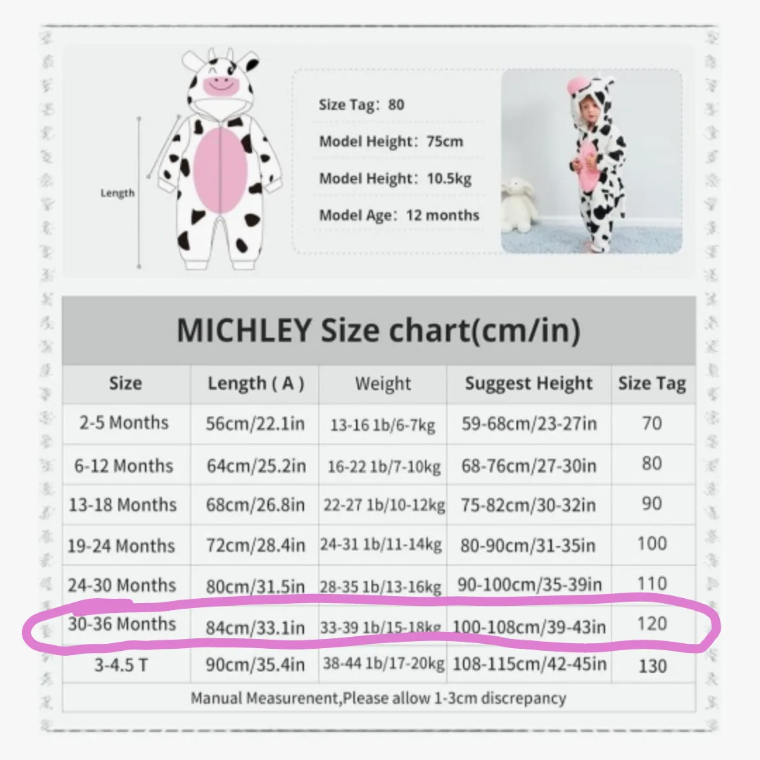 MICLHEY Cow Costume Onesie - Size 120 (30-36 Months) image indicator(5)