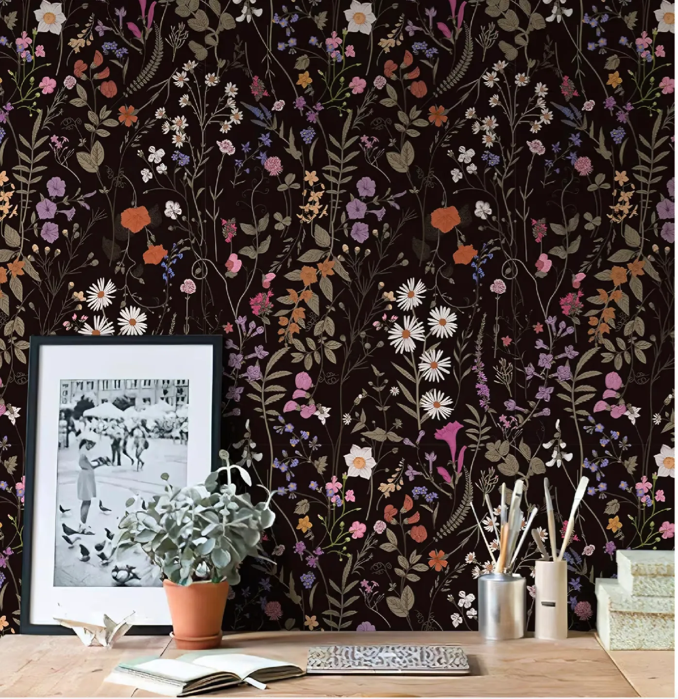 Dark Floral Peel & Stick Wallpaper, Textured 17.3"x118" image indicator(4)