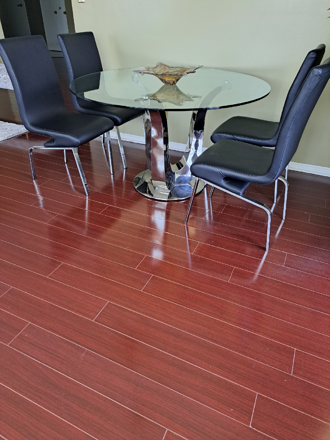 Glass Top Dining Table with 4 Black Chairs