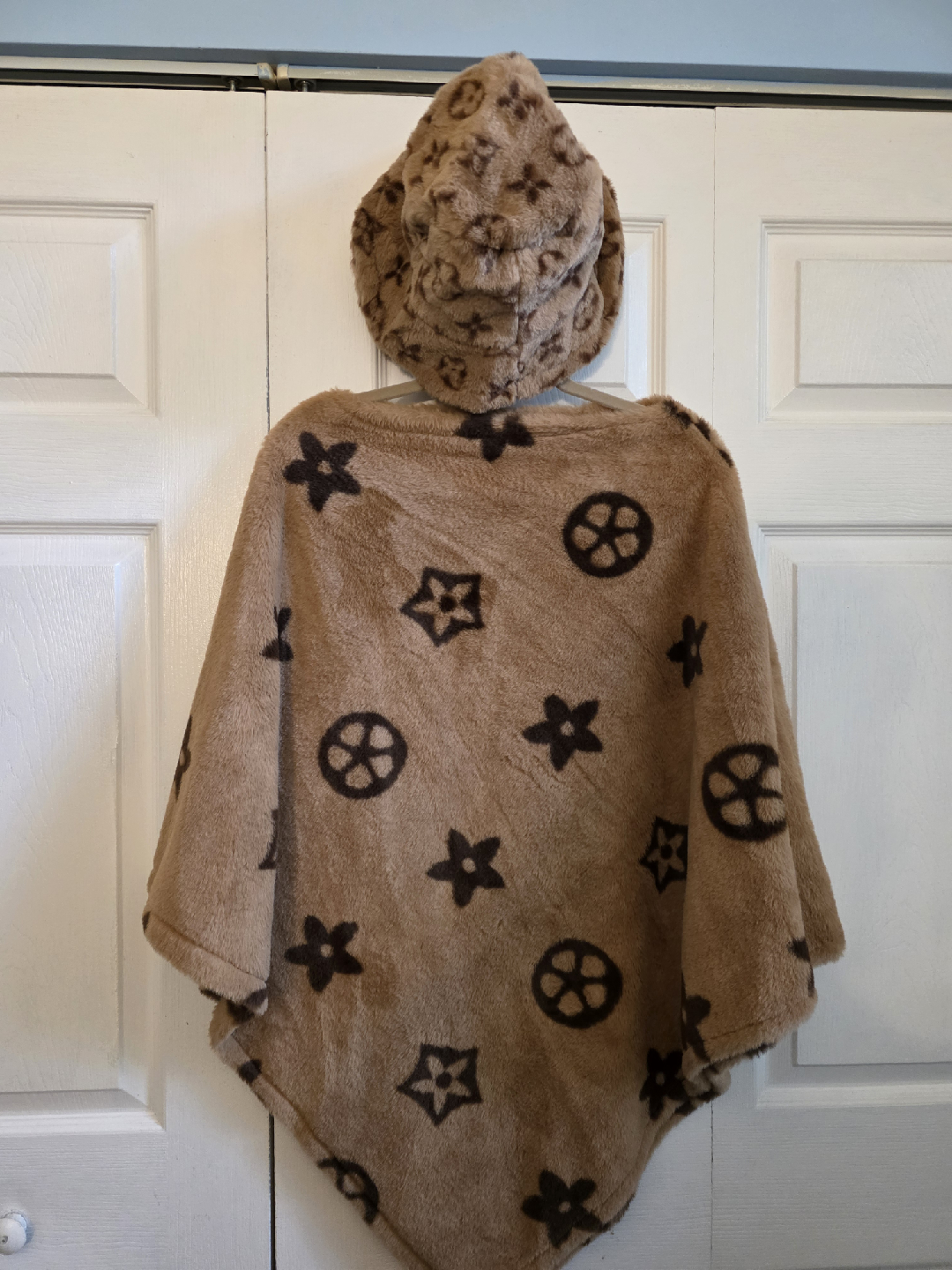 Fuzzy Brown Poncho with Hat.