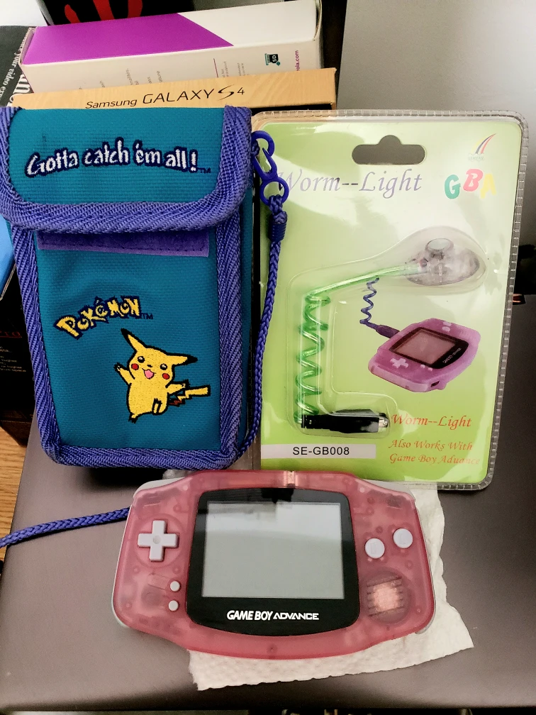 Pink Game Boy Advance with Worm Light & Pokémon Case