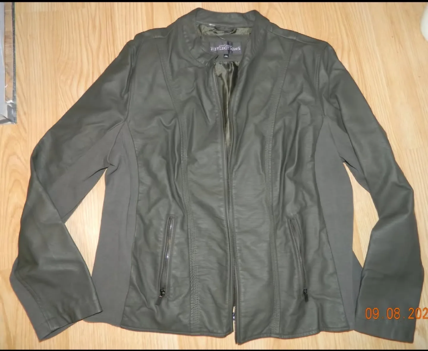 NWOT Reflections Olive Green Faux Leather Jacket 1XL thumbnail