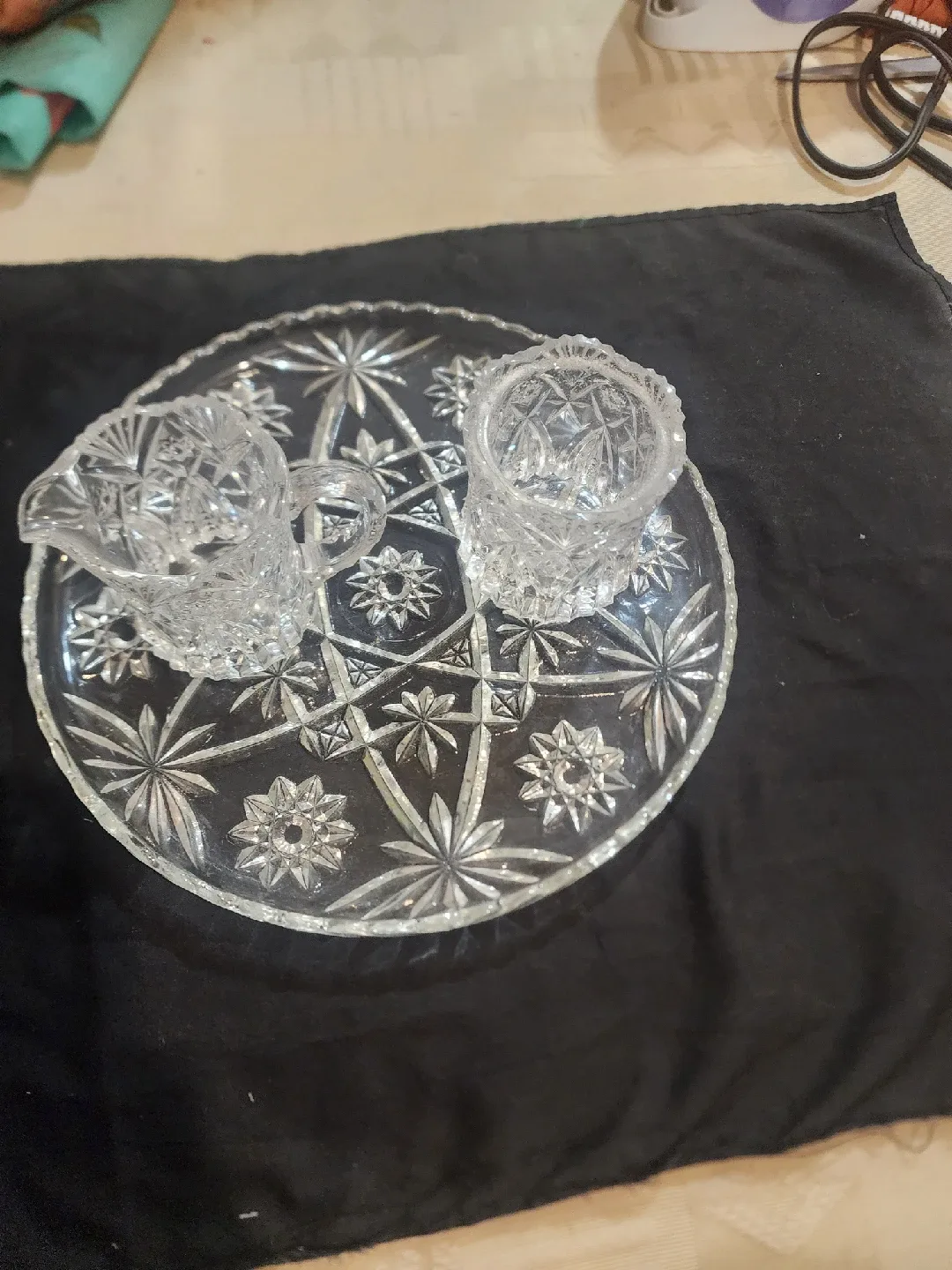 Vintage Crystal Creamer, Sugar Bowl, and Tray Set image indicator(2)