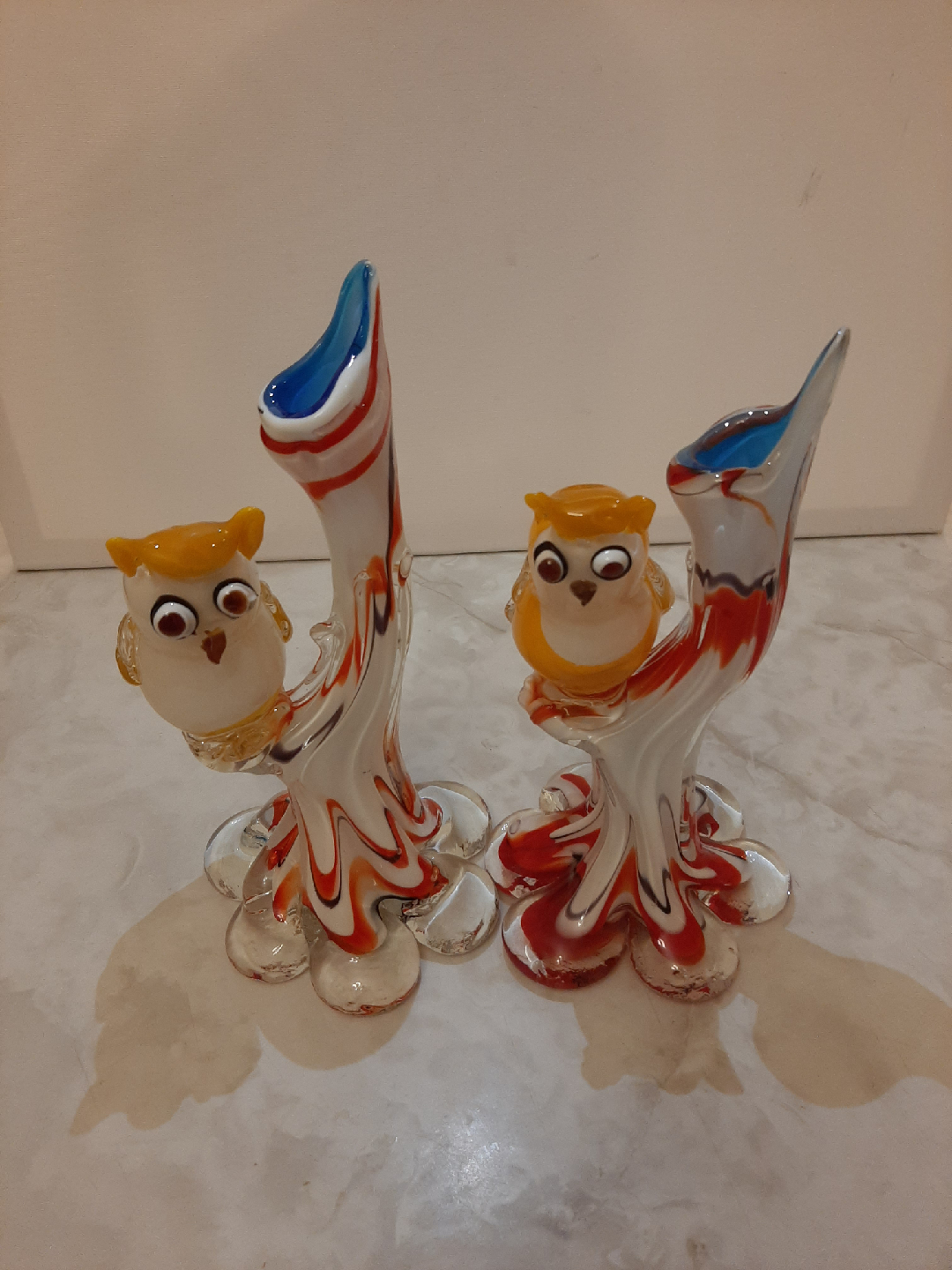 Hand Blown Glass Owl Vase Pair.