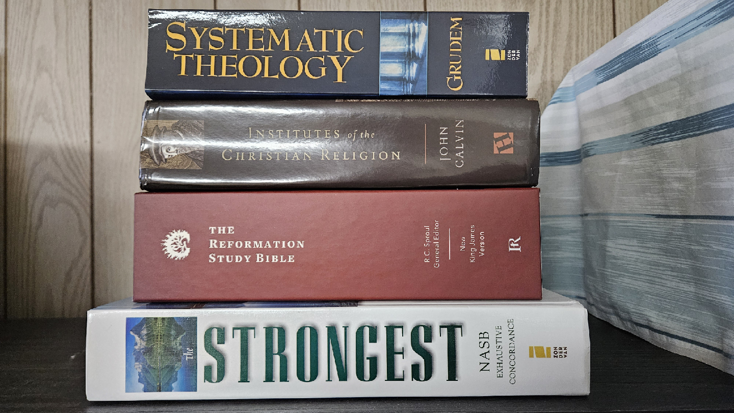 Bible, concordance, and theology books