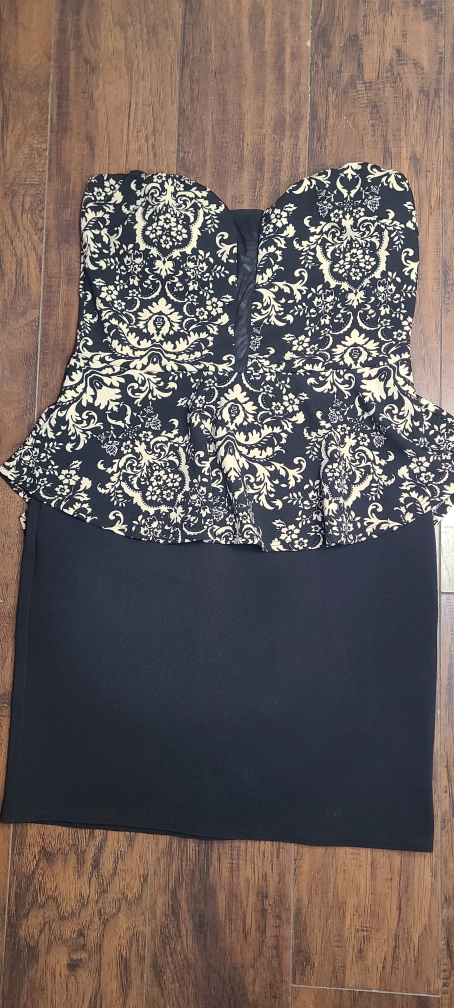 Black & Cream Strapless Peplum Dress