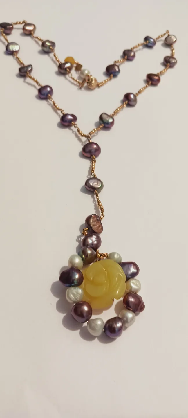 Freshwater Pearl Necklace with Yellow Rose Pendant thumbnail