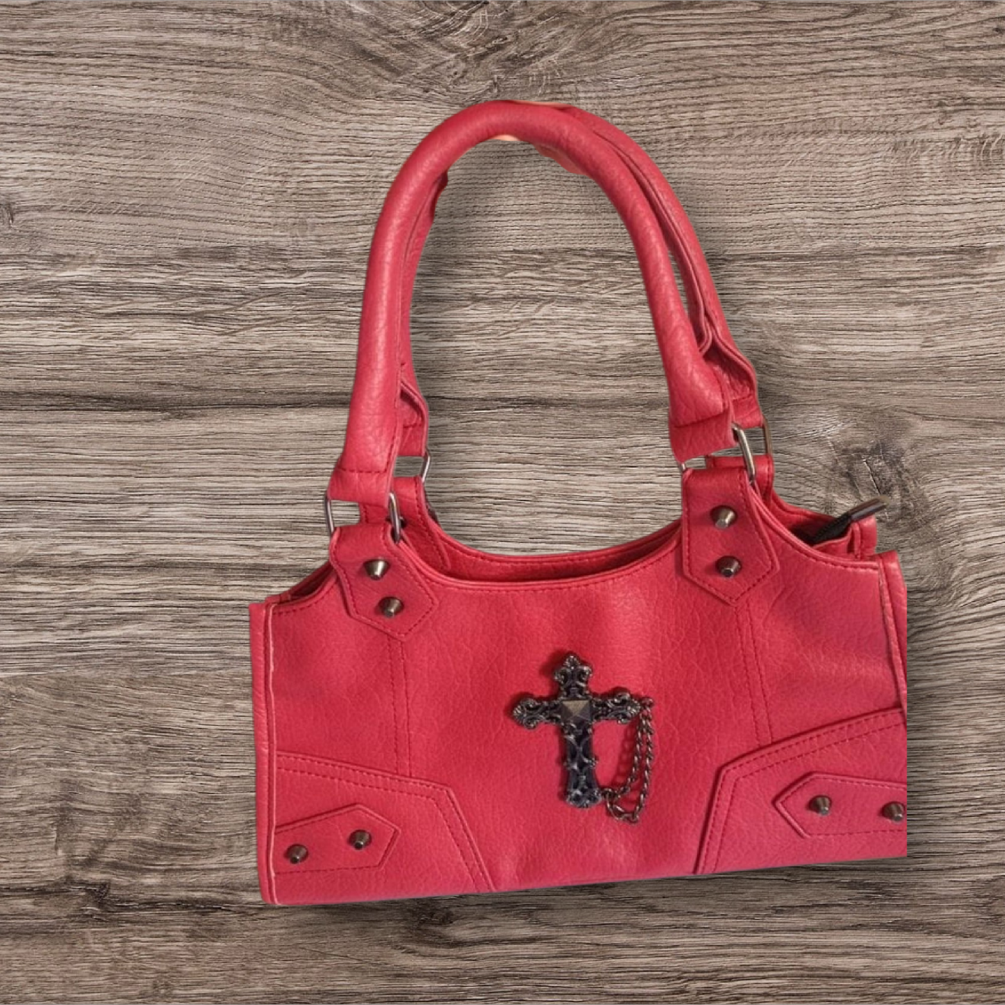 Red Faux Leather Handbag with Cross Detail - photo 5