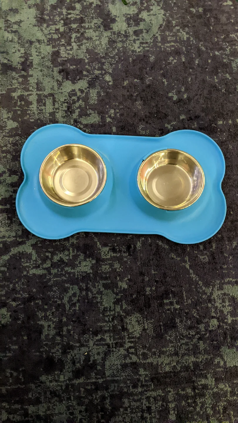 Blue Dog Bowl Mat with Stainless Steel Bowls and Brush thumbnail