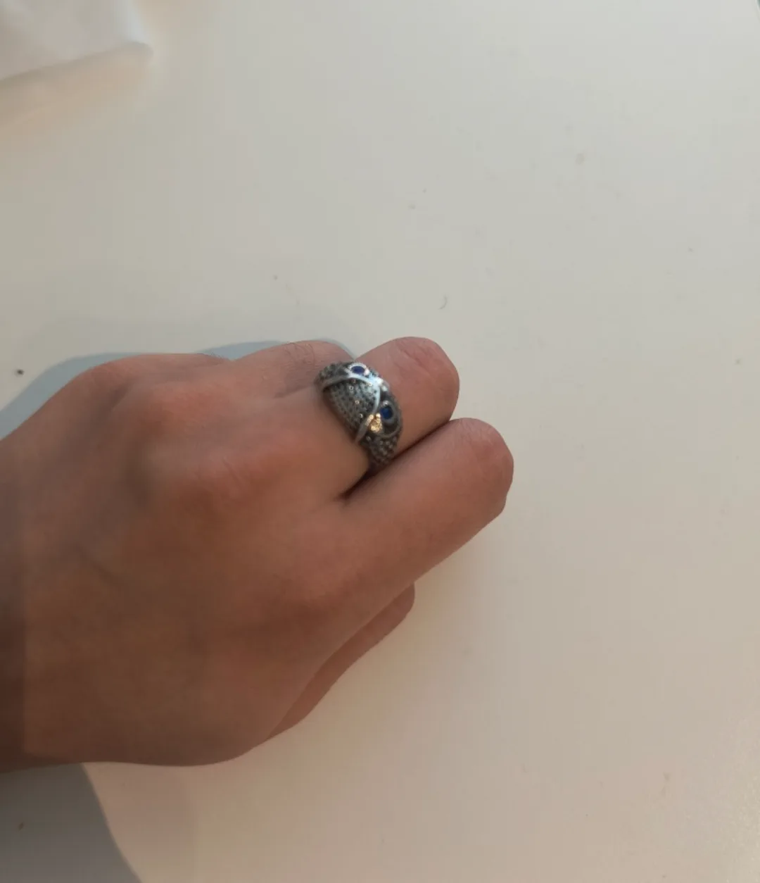 925 Sterling Silver Owl Ring with Blue Eyes Unisex image indicator(3)