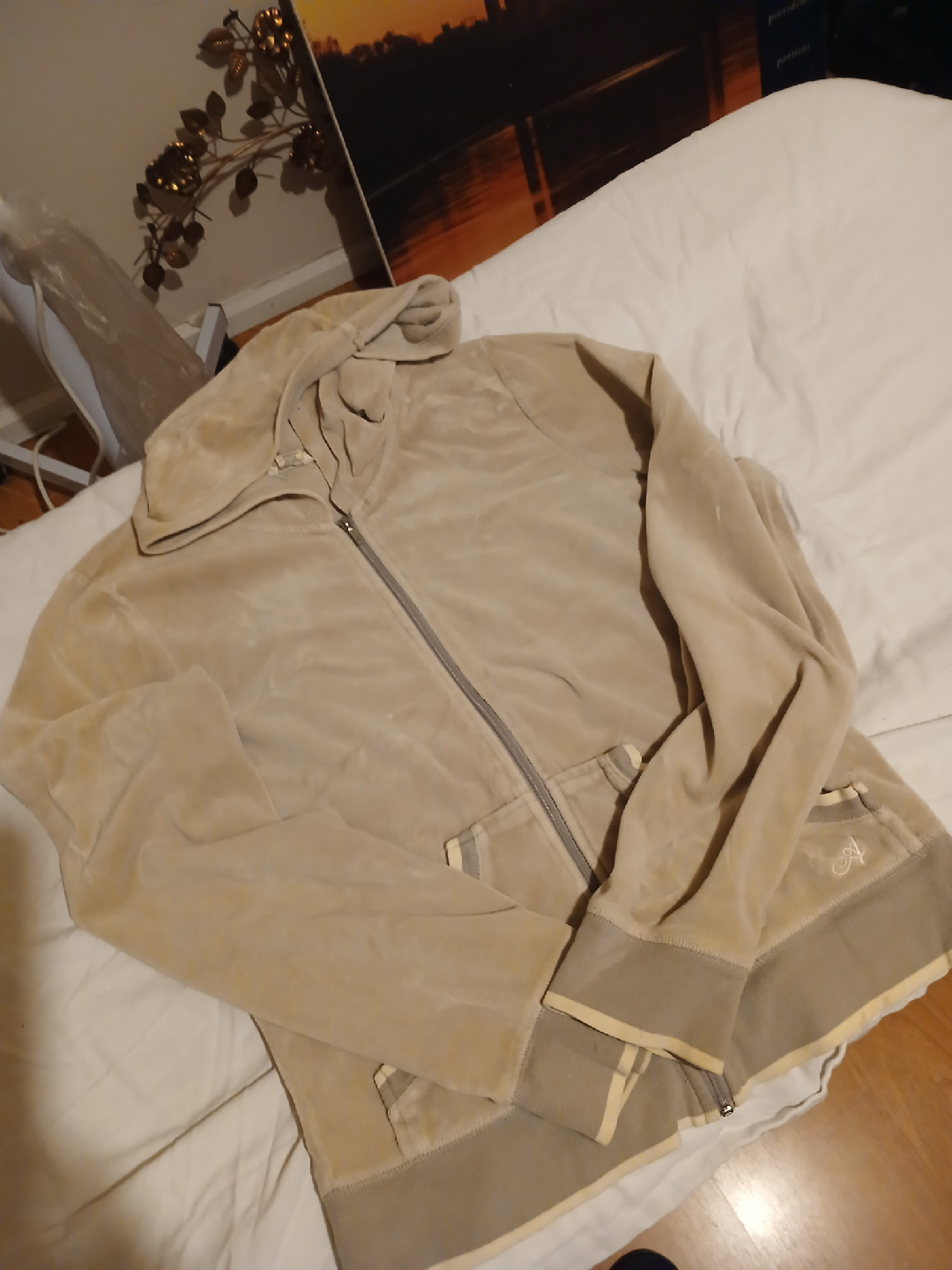 Beige Velour Zip-Up Hoodie