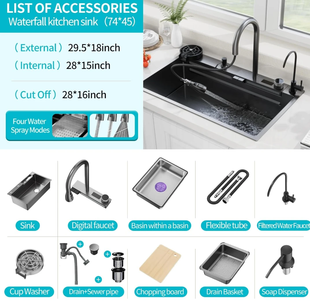 Waterfall Kitchen Sink (74*45) with Accessories - photo 3